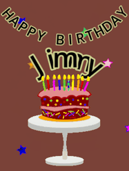 Happy Birthday Jimmy GIF: Animated birthday gif of a chocolate cartoon cake and stars. Animated text can be customized with name.