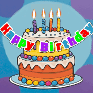 Happy Birthday Jo GIF: Festive birthday cake GIF with name, stars, hearts, and confetti streaking past and flickering candles.