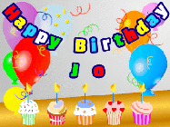 Happy Birthday Jo GIF: Animated happy birthday gif with a party balloon background, a row of cupcakes, and birthday banner to customize.
