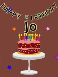 Happy Birthday Jo GIF: Animated birthday gif of a chocolate cartoon cake and stars. Animated text can be customized with name.