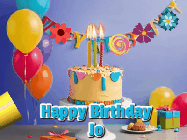 Happy Birthday Jo GIF: Happy birthday cake animated gif with flickering candles, balloons, confetti, and text to customize.