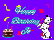 Happy Birthday Jo GIF: Silly happy birthday gif with a cute dog in a corner and rainbow animation confetti. Birthday cake in order with candle.
