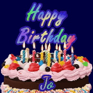 Happy Birthday Jo GIF: A dark blue birthday gif with a beautiful cake with flickering candles, background sparkles and a name to customize.