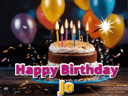 Happy Birthday Jo GIF: A birthday cake with flickering candles gif with text reading Happy Birthday and a Name slot to customize