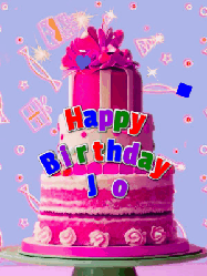 Happy Birthday Jo GIF: A big beautiful birthday cake gif with falling confetti, sparklers, and balloons, reads Happy Birthday Name. Customize it.