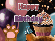 Happy Birthday Jo GIF: Cute Kitten Birthday Cupcake GIF with a cupcake raised by a cats head, then it pulls down text reading Happy Birthday Name