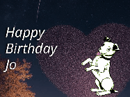 Happy Birthday Jo GIF: Happy Birthday GIF at night with a cute drawn dog, floating balloons, and a shooting star in front of a heart shaped star formation.