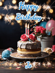 Happy Birthday Jo GIF: Sparkles and glitter happy birthday gif with a cake and flickering candles and sparklers behind the words happy birthday customize