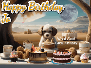 Happy Birthday Jo GIF: Animated birthday gif with a dog at a fancy birthday table loaded with cakes as hearts appear. It reads Happy Birthday Customize.