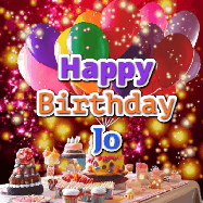 Happy Birthday Jo GIF: Animated happy birthday gif on a bright red glittery background and 3 lines of text reading Happy Birthday Customize