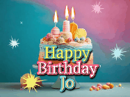 Happy Birthday Jo GIF: A colorful animated Happy Birthday Cake GIF with swirling sparkles and flickering candles. It reads Happy Birthday Name