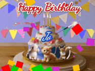Happy Birthday Jo GIF: Happy Birthday Cake GIF with a cat, lamb, and squirrel on the cake with flickering candles, a sparkler, and falling confetti. Reads Happy Birthday Name and you can customize the name