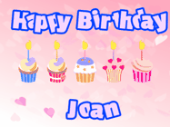 Happy Birthday Joan GIF: Pink animated birthday gif with 5 cupcakes and candles and animated text you can customize with name.