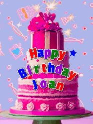 Happy Birthday Joan GIF: A big beautiful birthday cake gif with falling confetti, sparklers, and balloons, reads Happy Birthday Name. Customize it.