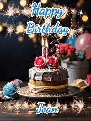 Happy Birthday Joan GIF: Sparkles and glitter happy birthday gif with a cake and flickering candles and sparklers behind the words happy birthday customize