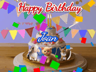 Happy Birthday Joan GIF: Happy Birthday Cake GIF with a cat, lamb, and squirrel on the cake with flickering candles, a sparkler, and falling confetti. Reads Happy Birthday Name and you can customize the name