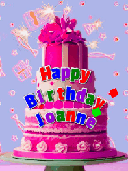 Happy Birthday Joanne GIF: A big beautiful birthday cake gif with falling confetti, sparklers, and balloons, reads Happy Birthday Name. Customize it.