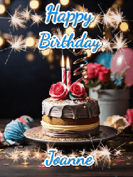 Happy Birthday Joanne GIF: Sparkles and glitter happy birthday gif with a cake and flickering candles and sparklers behind the words happy birthday customize