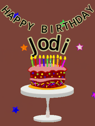 Happy Birthday Jodi GIF: Animated birthday gif of a chocolate cartoon cake and stars. Animated text can be customized with name.