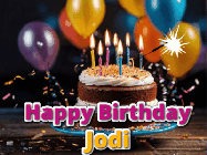 Happy Birthday Jodi GIF: A birthday cake with flickering candles gif with text reading Happy Birthday and a Name slot to customize