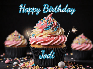 Happy Birthday Jodi GIF: A delicious cupcake gif with animated sparkles reading Happy Birthday with a name to customize