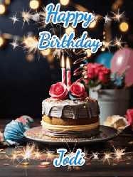 Happy Birthday Jodi GIF: Sparkles and glitter happy birthday gif with a cake and flickering candles and sparklers behind the words happy birthday customize