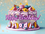 Happy Birthday Jodi GIF: A beautiful birthday cake gif with animated sparkles and glitter Happy Birthday Name you can customize
