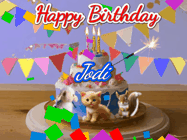 Happy Birthday Jodi GIF: Happy Birthday Cake GIF with a cat, lamb, and squirrel on the cake with flickering candles, a sparkler, and falling confetti. Reads Happy Birthday Name and you can customize the name