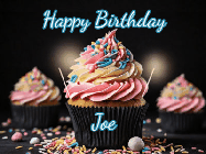 Happy Birthday Joe GIF: A delicious cupcake gif with animated sparkles reading Happy Birthday with a name to customize