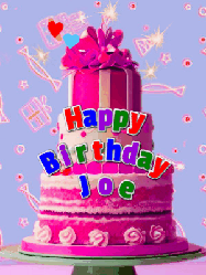 Happy Birthday Joe GIF: A big beautiful birthday cake gif with falling confetti, sparklers, and balloons, reads Happy Birthday Name. Customize it.