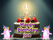 Happy Birthday Joe GIF: An animated gif with 2 unicorns and a birthday candle on a cake.