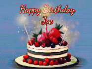 Happy Birthday Joe GIF: Animated GIF of a birthday cake covered in berries with 2 sparklers and a candle, reads Happy Birthday Name. Customize it.