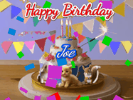 Happy Birthday Joe GIF: Happy Birthday Cake GIF with a cat, lamb, and squirrel on the cake with flickering candles, a sparkler, and falling confetti. Reads Happy Birthday Name and you can customize the name