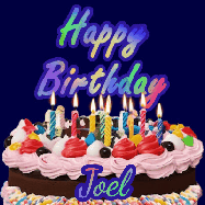 Happy Birthday Joel GIF: A dark blue birthday gif with a beautiful cake with flickering candles, background sparkles and a name to customize.
