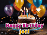 Happy Birthday Joel GIF: A birthday cake with flickering candles gif with text reading Happy Birthday and a Name slot to customize