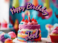 Happy Birthday Joel GIF: A colorful animated birthday gif of a cake and falling stars with a flickering candle. Text reads Happy Birthday and Customize.
