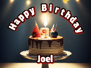 Happy Birthday Joel GIF: Animated happy birthday gif with a cake and flickering candles with colorful falling confetti and text reading Happy Birthday