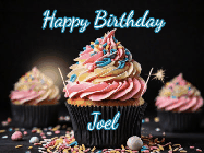 Happy Birthday Joel GIF: A delicious cupcake gif with animated sparkles reading Happy Birthday with a name to customize