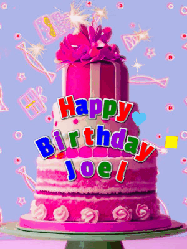 Happy Birthday Joel GIF: A big beautiful birthday cake gif with falling confetti, sparklers, and balloons, reads Happy Birthday Name. Customize it.