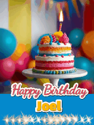 Happy Birthday Joel GIF: A birthday card gif with a cake and candle and a blue ribbon with animated sparklers. Reads Happy Birthday Name