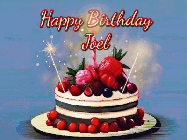 Happy Birthday Joel GIF: Animated GIF of a birthday cake covered in berries with 2 sparklers and a candle, reads Happy Birthday Name. Customize it.