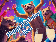Happy Birthday Joel GIF: Happy Birthday GIF depicting a mongoose party with animated fireworks, sparkles and champagne. Reads Happy Birthday Name. Customize it.