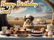 Happy Birthday Joel GIF: Animated birthday gif with a dog at a fancy birthday table loaded with cakes as hearts appear. It reads Happy Birthday Customize.
