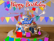 Happy Birthday Joel GIF: Happy Birthday Cake GIF with a cat, lamb, and squirrel on the cake with flickering candles, a sparkler, and falling confetti. Reads Happy Birthday Name and you can customize the name