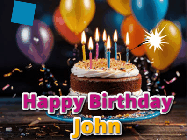 Happy Birthday John GIF: A birthday cake with flickering candles gif with text reading Happy Birthday and a Name slot to customize
