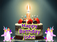 Happy Birthday John GIF: An animated gif with 2 unicorns and a birthday candle on a cake.