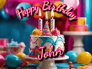 Happy Birthday John GIF: Animated birthday gif with a beautiful colorful birthday can and sparkles in the air. It reads Happy Birthday Customize.