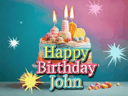 Happy Birthday John GIF: A colorful animated Happy Birthday Cake GIF with swirling sparkles and flickering candles. It reads Happy Birthday Name