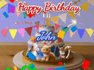 Happy Birthday John GIF: Happy Birthday Cake GIF with a cat, lamb, and squirrel on the cake with flickering candles, a sparkler, and falling confetti. Reads Happy Birthday Name and you can customize the name