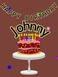 Happy Birthday Johnny GIF: Animated birthday gif of a chocolate cartoon cake and stars. Animated text can be customized with name.